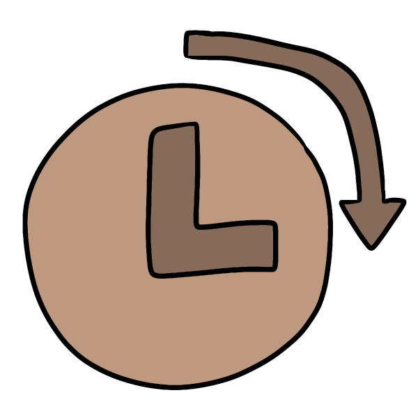 light brown circle with brown L positioned upper right. Outside the circle brown arrow curves from top center to right middle.